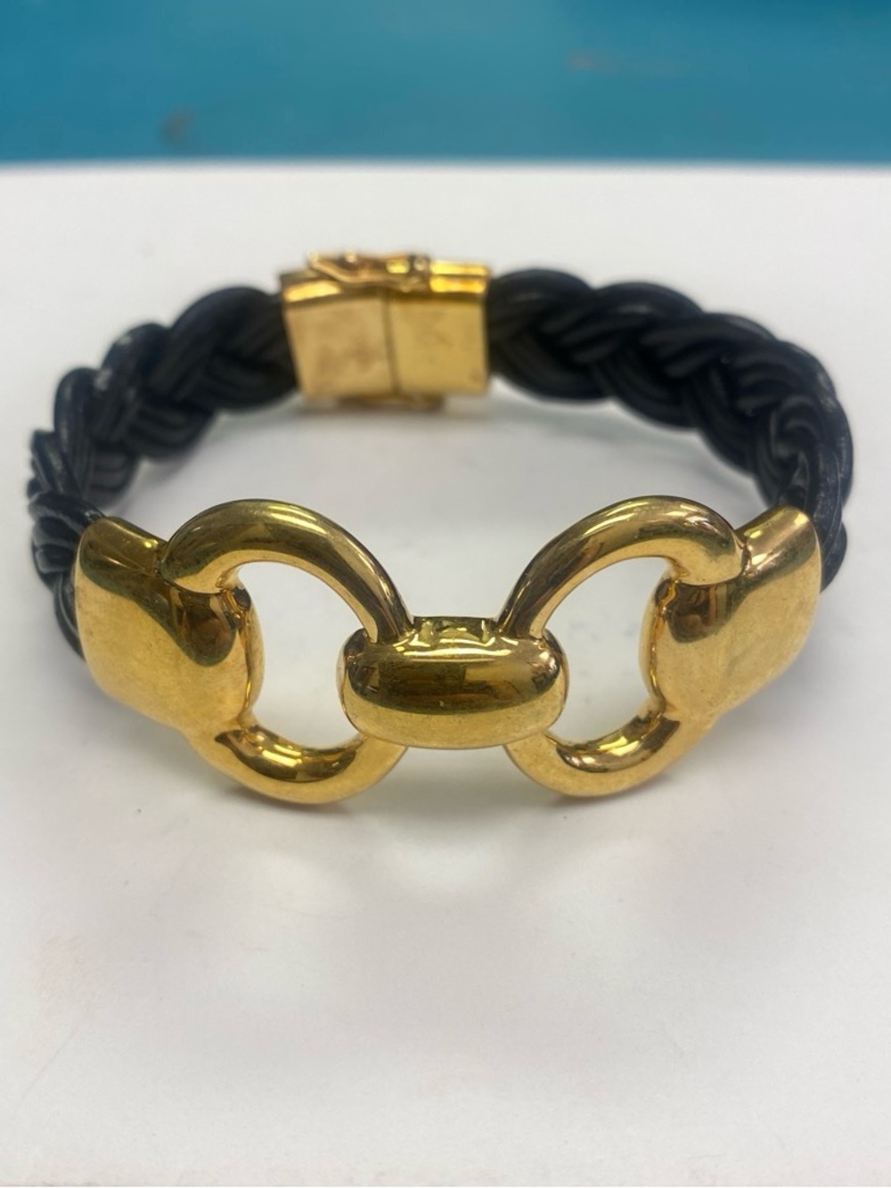 Bronze Milor Italy Gold-Tone Braided Black Leather Bracelet